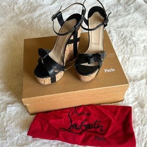 Christian Louboutin USED cork wedges with black leather bow, size 36